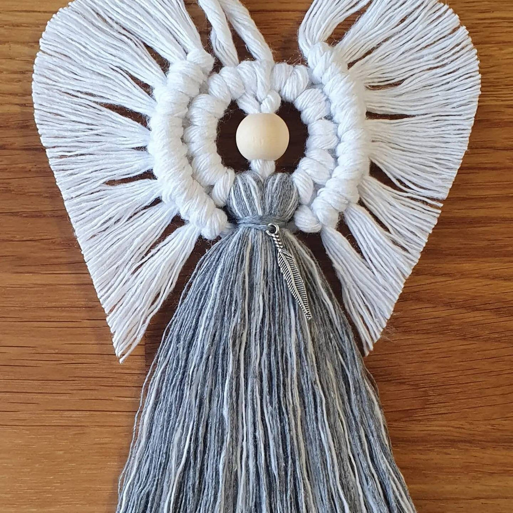 Feathers Appear when Angels are Near, Macrame Angel with tibetan silver feather charm
