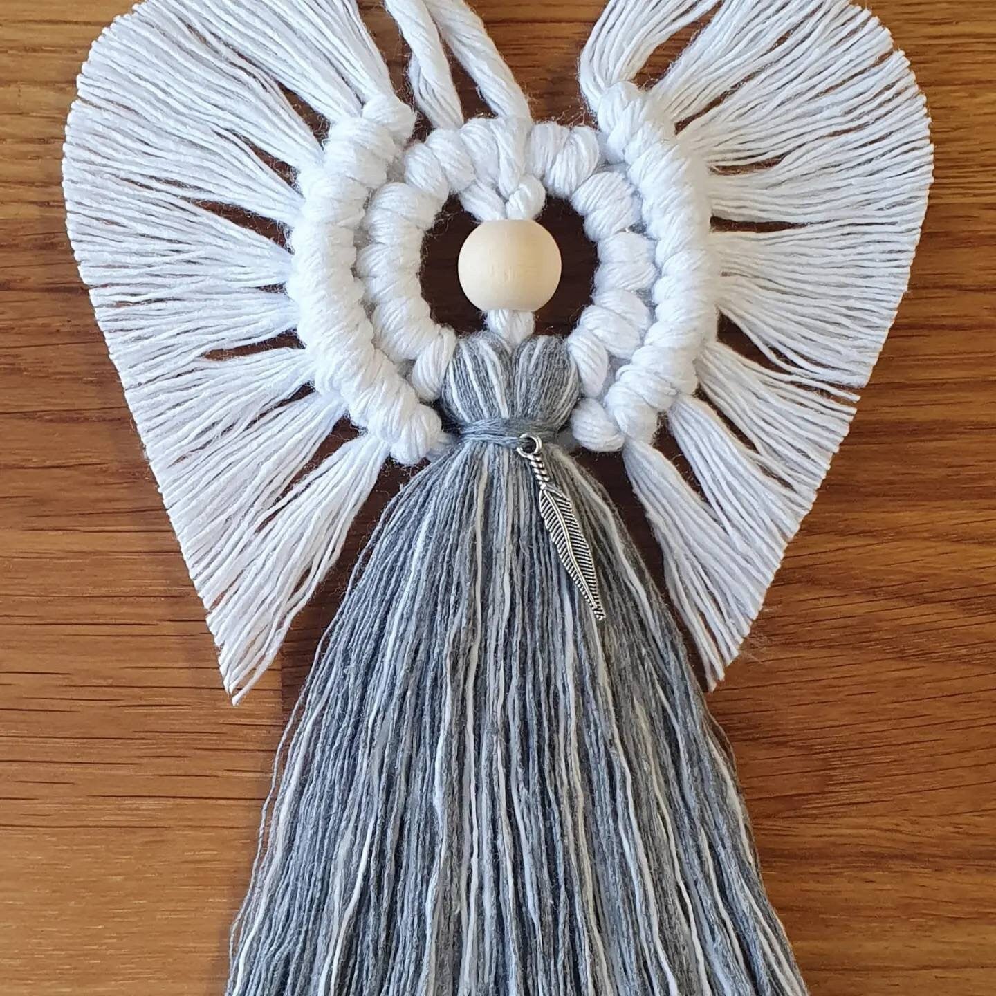 Feathers Appear when Angels are Near, Macrame Angel with tibetan silver feather charm