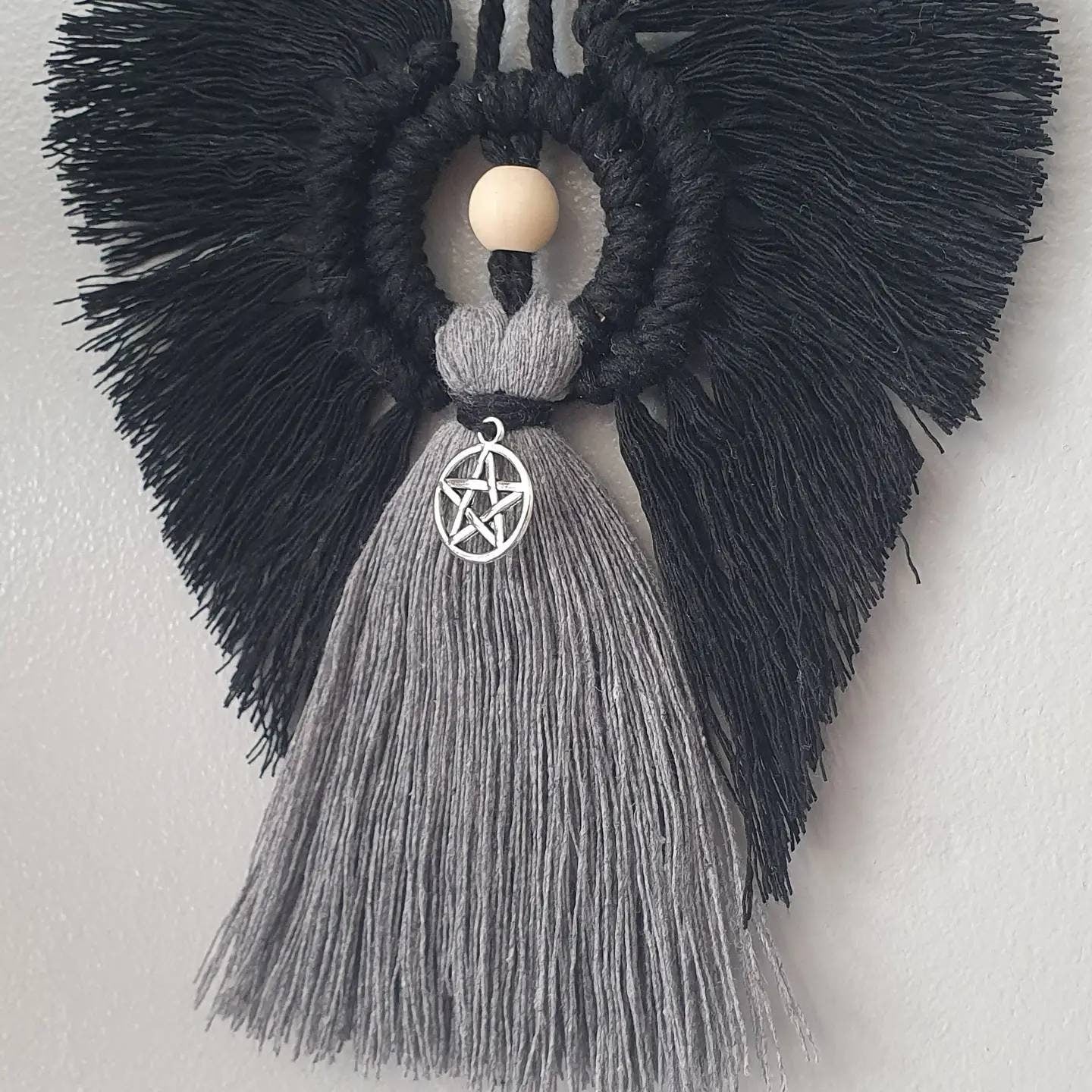 Dark Angel with Pentagram Charm, Macrame Wall Hanging/ Gift 100% cotton. Handmade. Decorations, Gifts, Home Decor, Personalised Greeting,