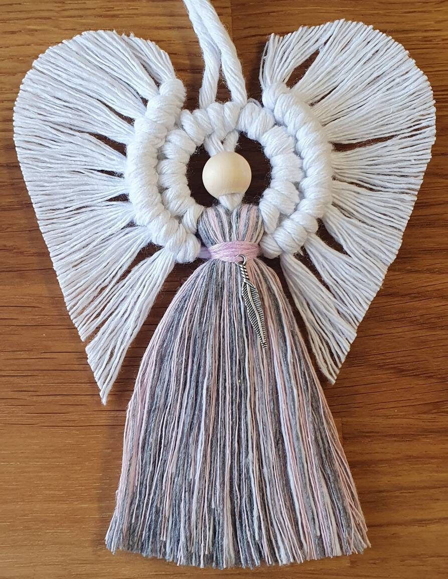 Feathers Appear when Angels are Near, Macrame Angel with tibetan silver feather charm