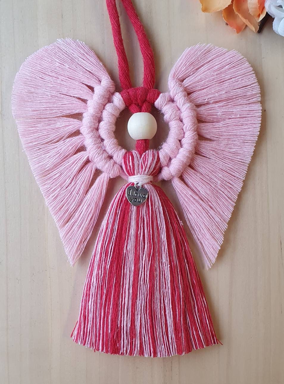 Valentines day Macrame Angel with 'I Love you' tibetan silver Charm. For him for her love unique gift valentine home decor decoration