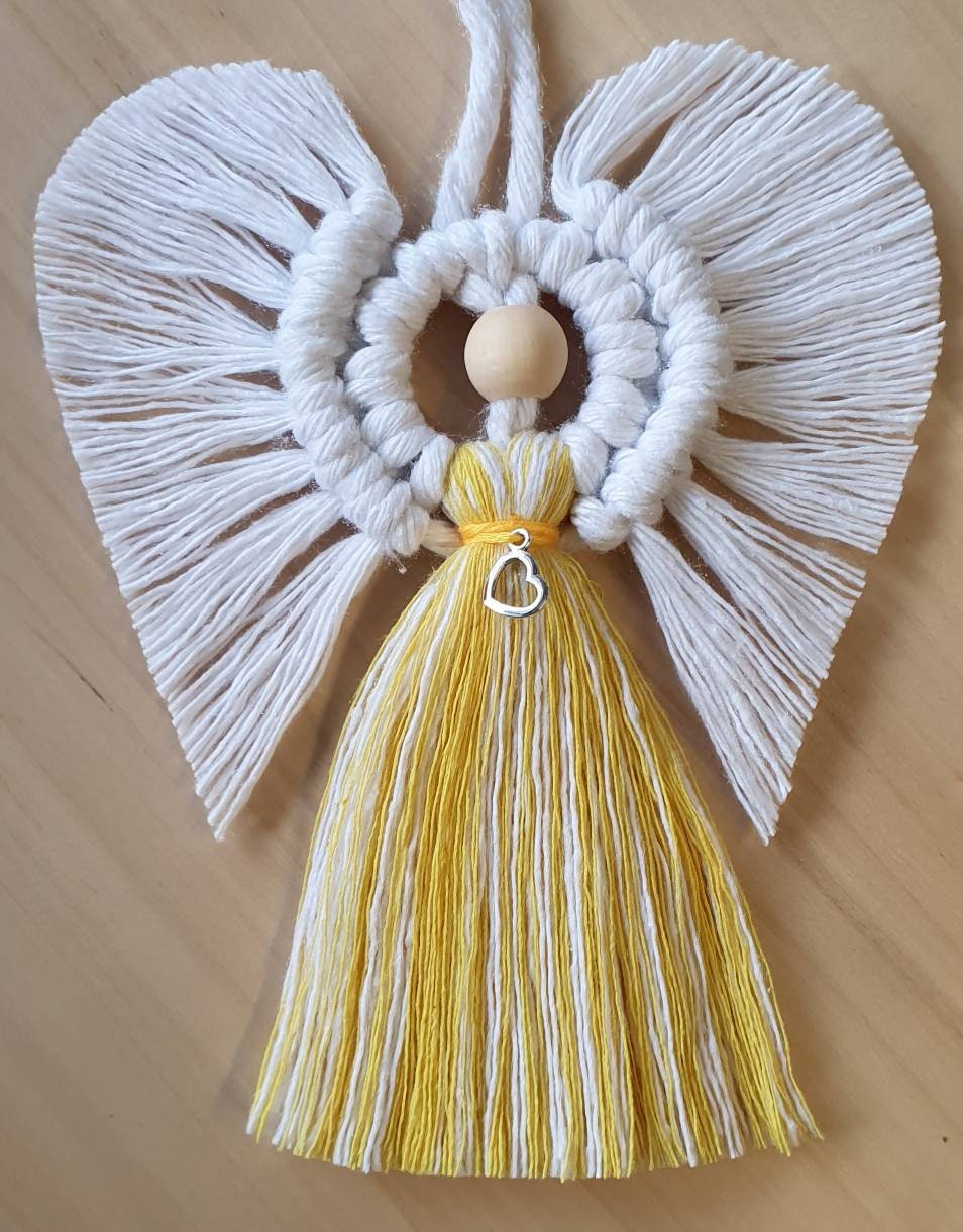 Yellow Macrame Angel with Open Heart Charm
