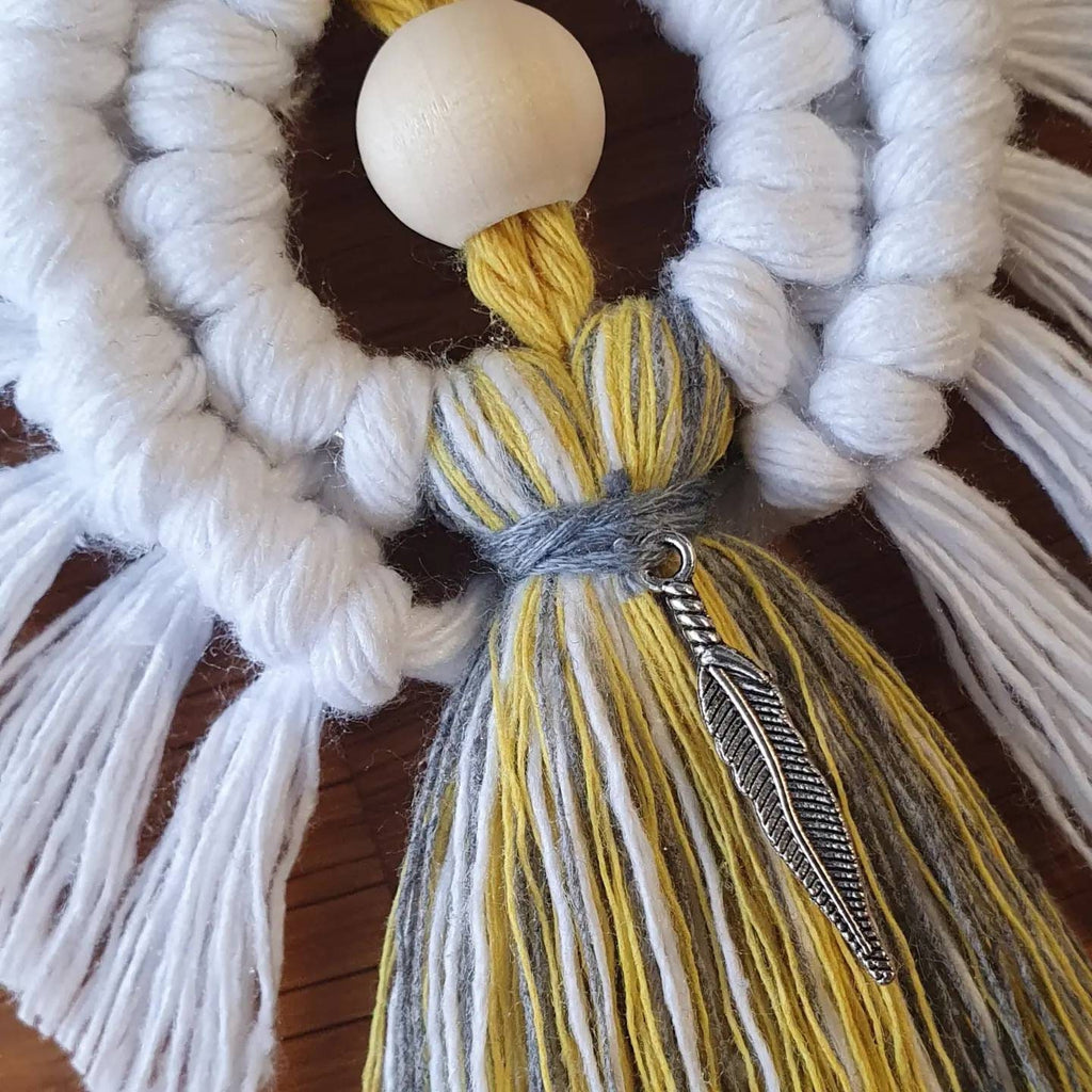 Feathers Appear when Angels are Near, Macrame Angel with tibetan silver feather charm