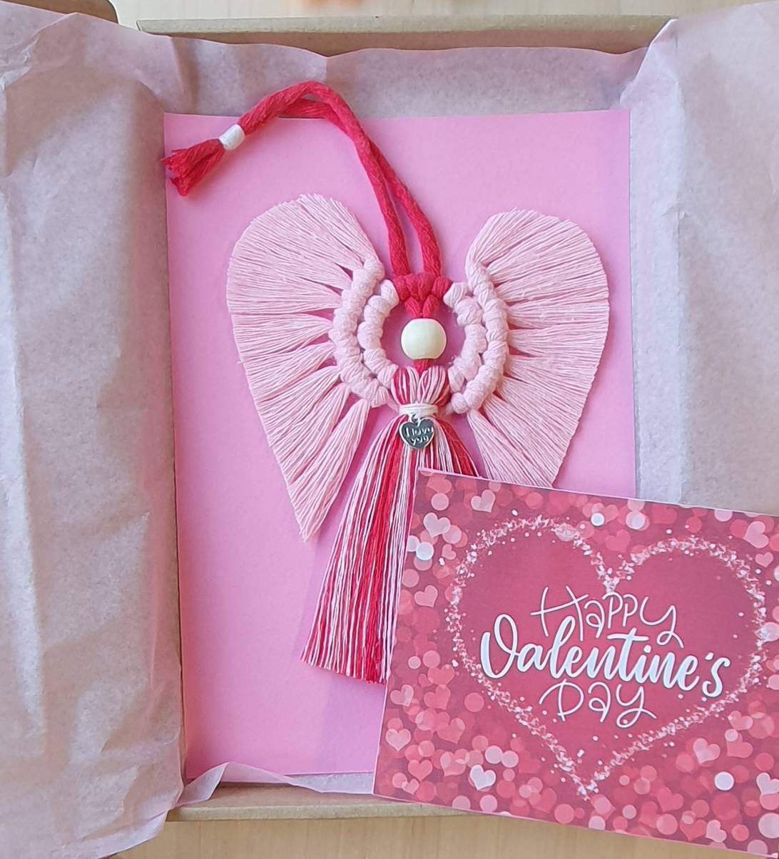 Valentines day Macrame Angel with 'I Love you' tibetan silver Charm. For him for her love unique gift valentine home decor decoration