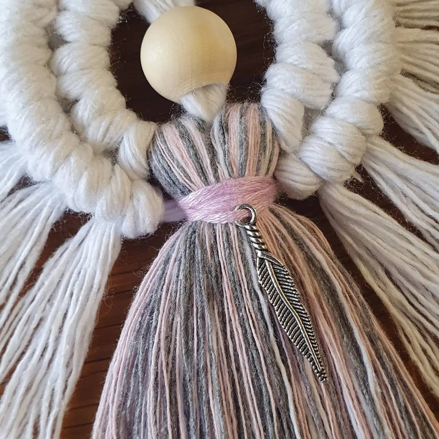 Feathers Appear when Angels are Near, Macrame Angel with tibetan silver feather charm