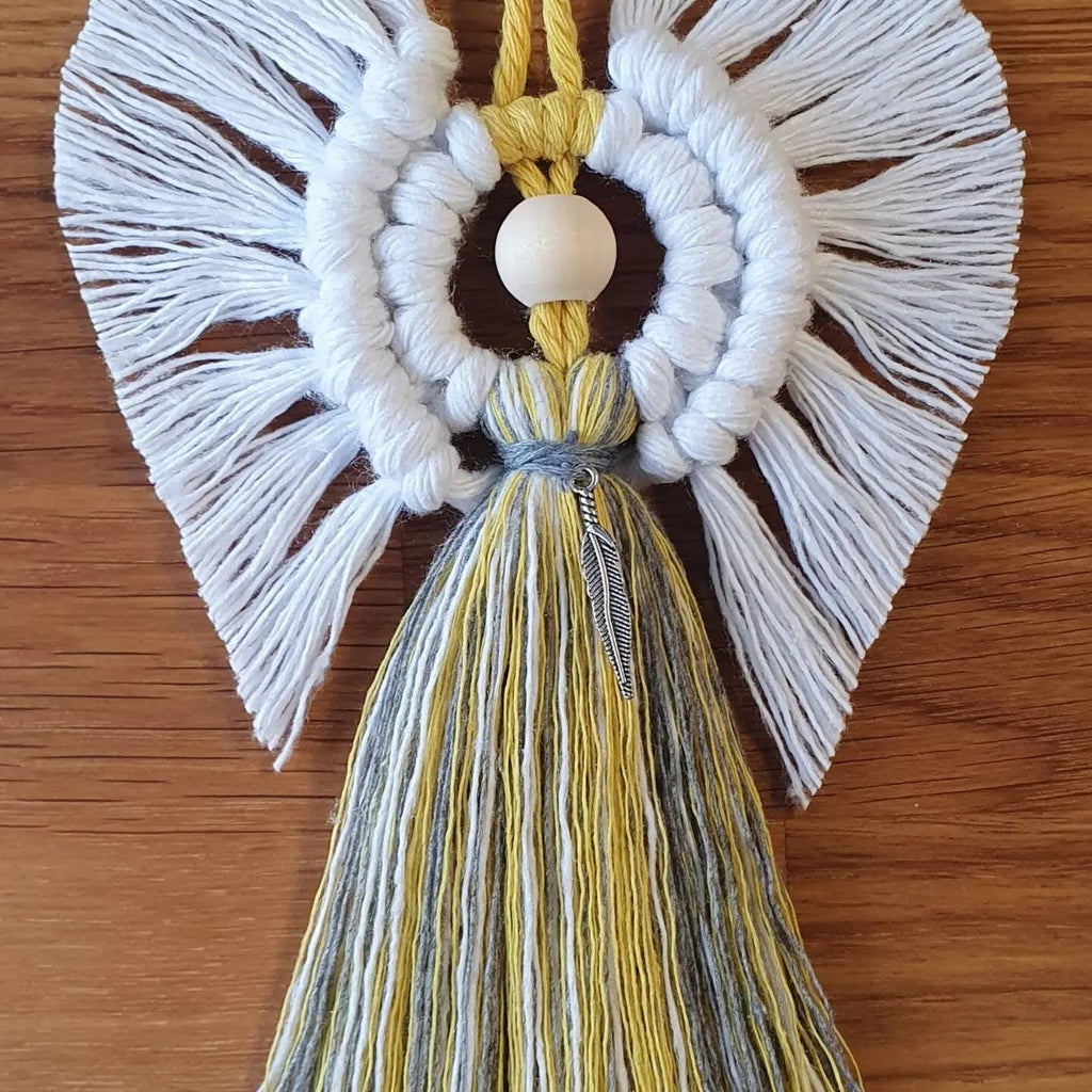 Feathers Appear when Angels are Near, Macrame Angel with tibetan silver feather charm