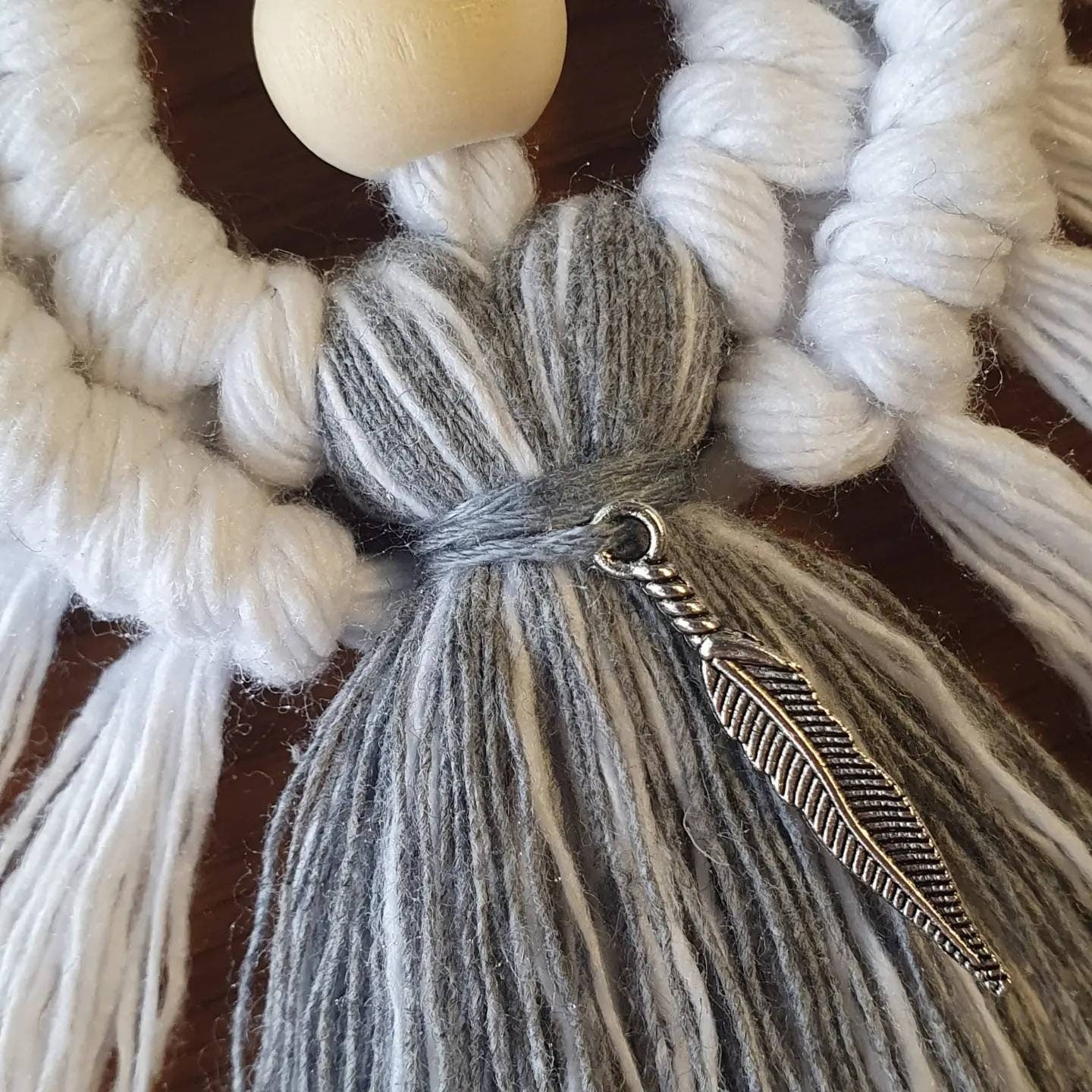 Feathers Appear when Angels are Near, Macrame Angel with tibetan silver feather charm