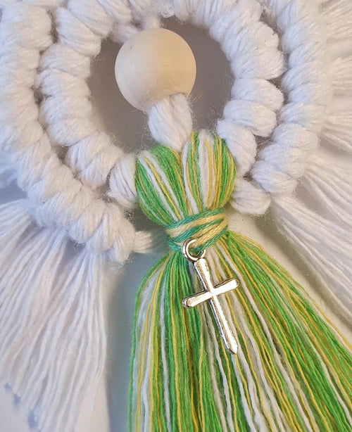 Handmade Macrame Angel for Easter 😇 White Yellow Green with Tibetan Silver Cross – Spring Gift & Home Decoration”