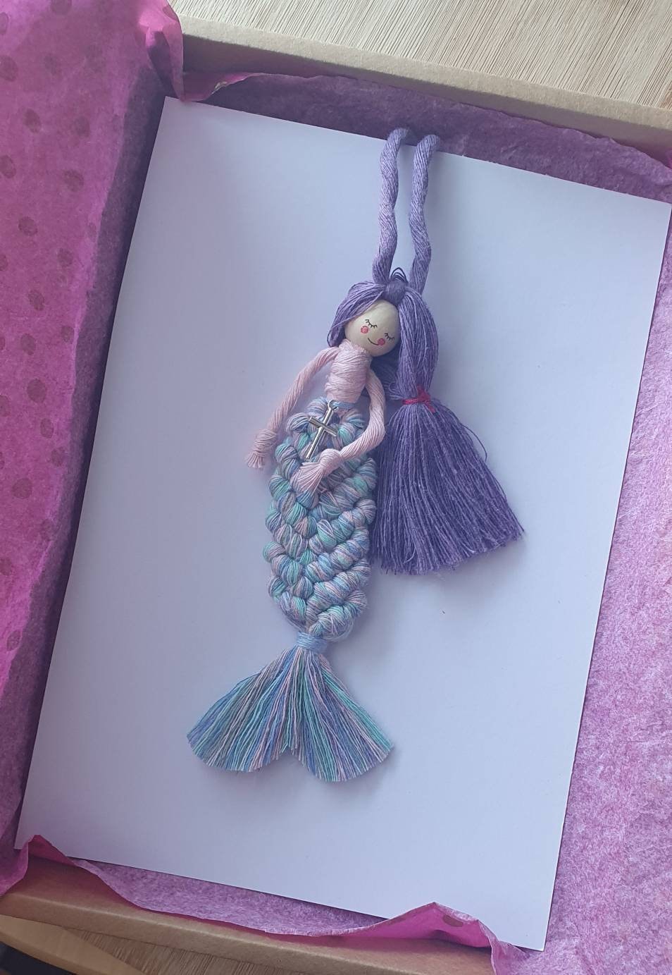 Macrame Communion/Christening Mermaid 100% cotton. Handmade. Decorations, Gifts, Home Decor, Personalised Greeting, Someone Special, Baptism