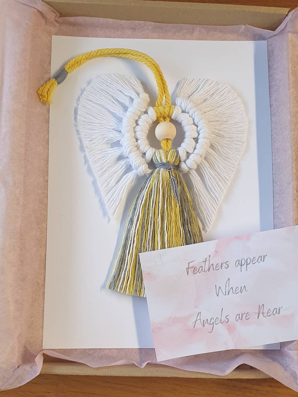 Feathers Appear when Angels are Near, Macrame Angel with tibetan silver feather charm