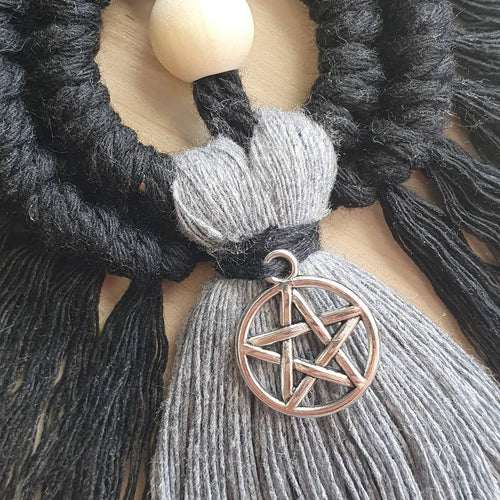 Dark Angel with Pentagram Charm, Macrame Wall Hanging/ Gift 100% cotton. Handmade. Decorations, Gifts, Home Decor, Personalised Greeting,
