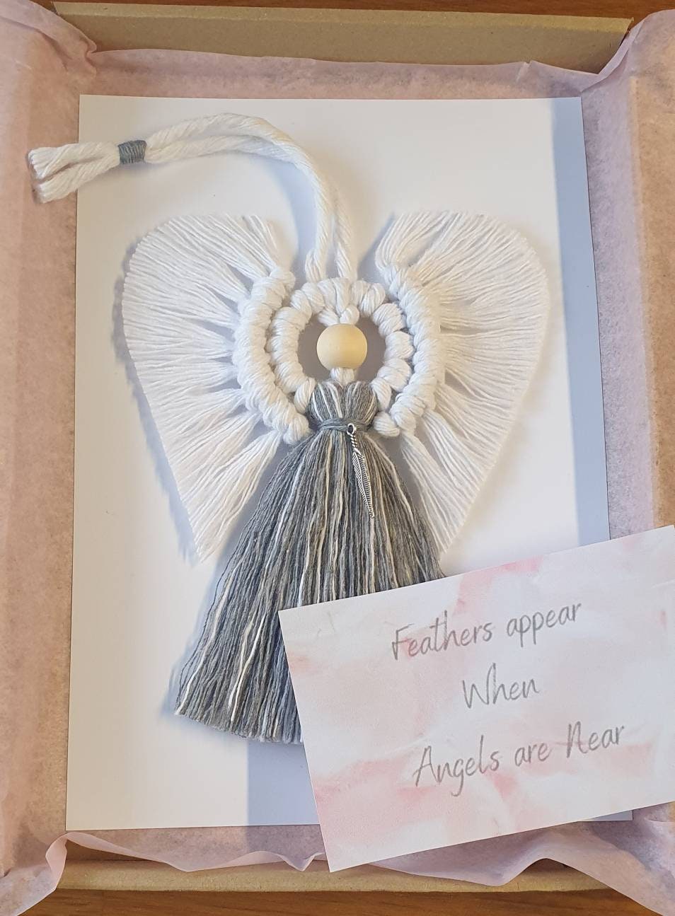 Feathers Appear when Angels are Near, Macrame Angel with tibetan silver feather charm