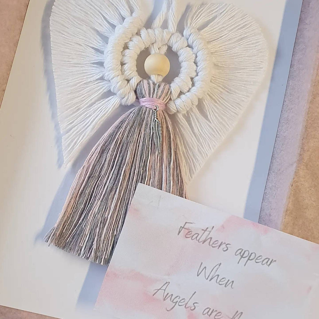 Feathers Appear when Angels are Near, Macrame Angel with tibetan silver feather charm
