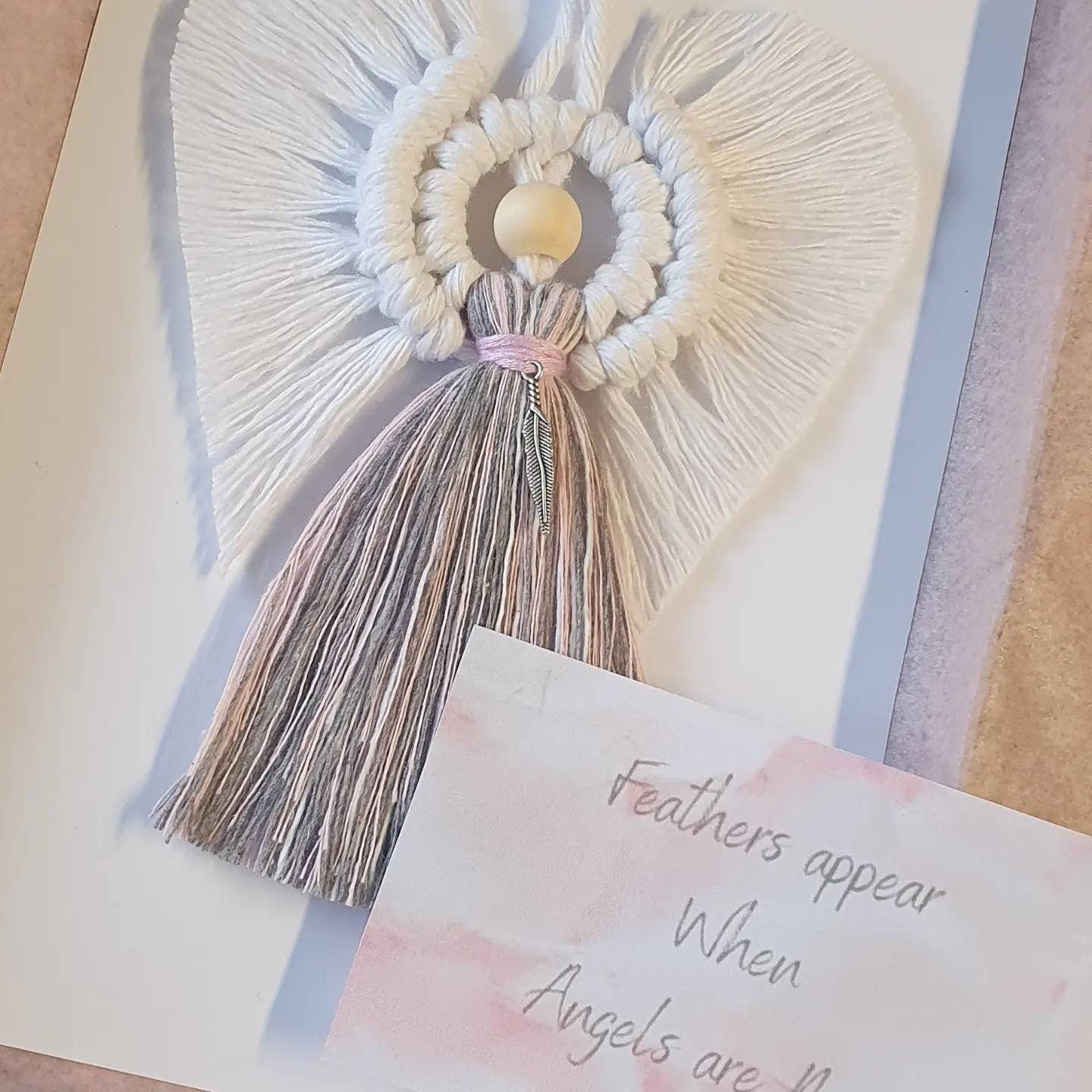 Feathers Appear when Angels are Near, Macrame Angel with tibetan silver feather charm