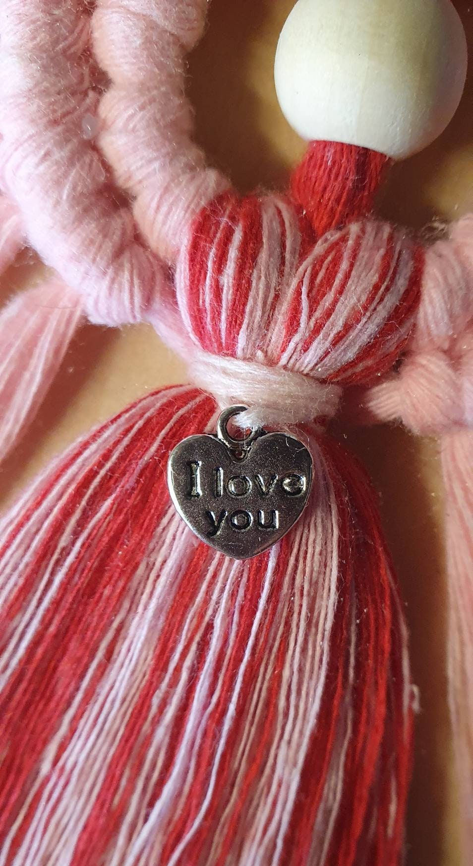 Valentines day Macrame Angel with 'I Love you' tibetan silver Charm. For him for her love unique gift valentine home decor decoration