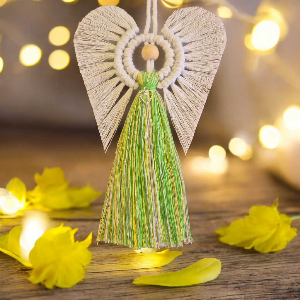 Handmade Macrame Angel for Easter 😇 White Yellow Green with Tibetan Silver Cross – Spring Gift & Home Decoration”