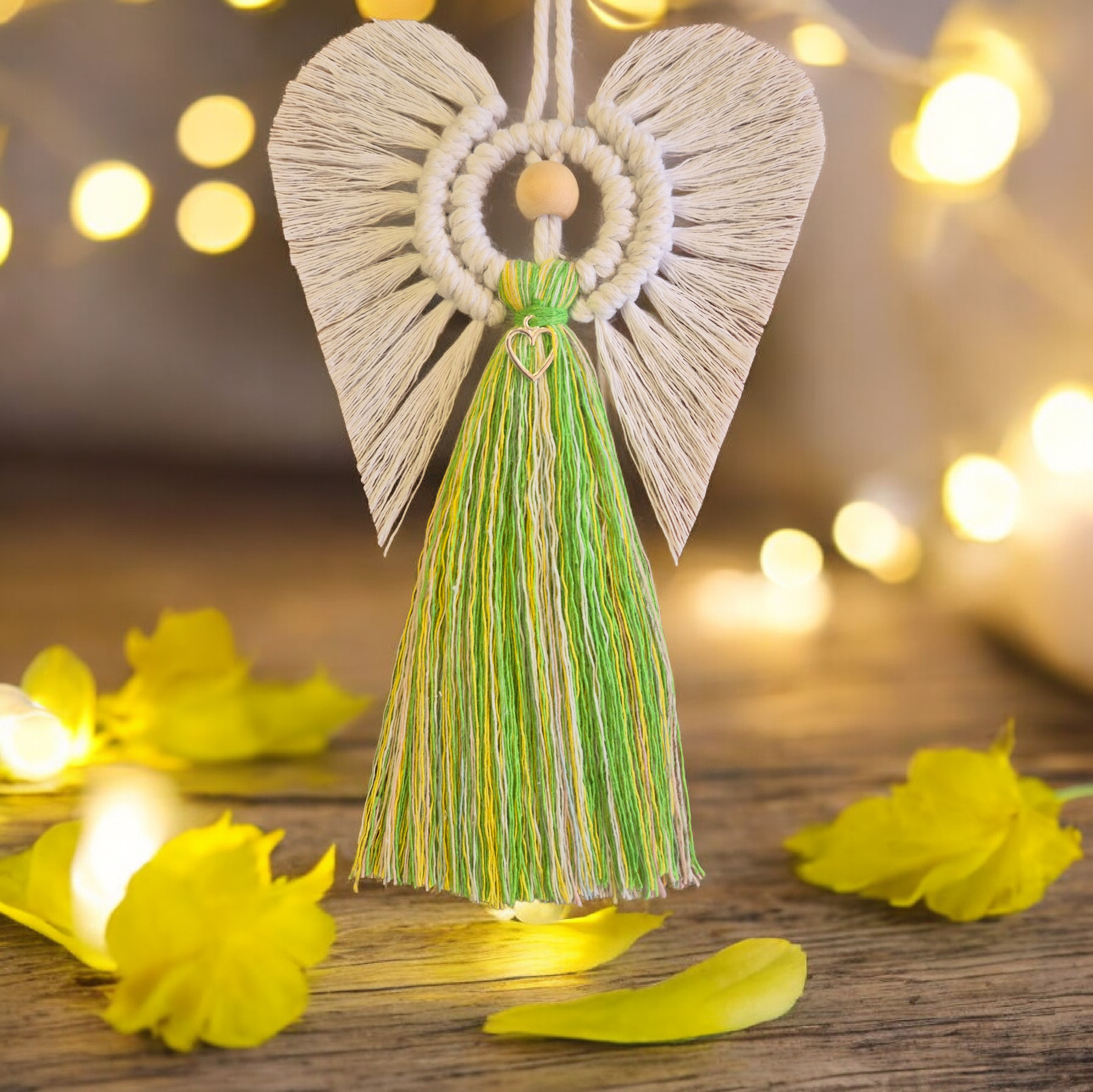 Handmade Macrame Angel for Easter 😇 White Yellow Green with Tibetan Silver Cross – Spring Gift & Home Decoration”